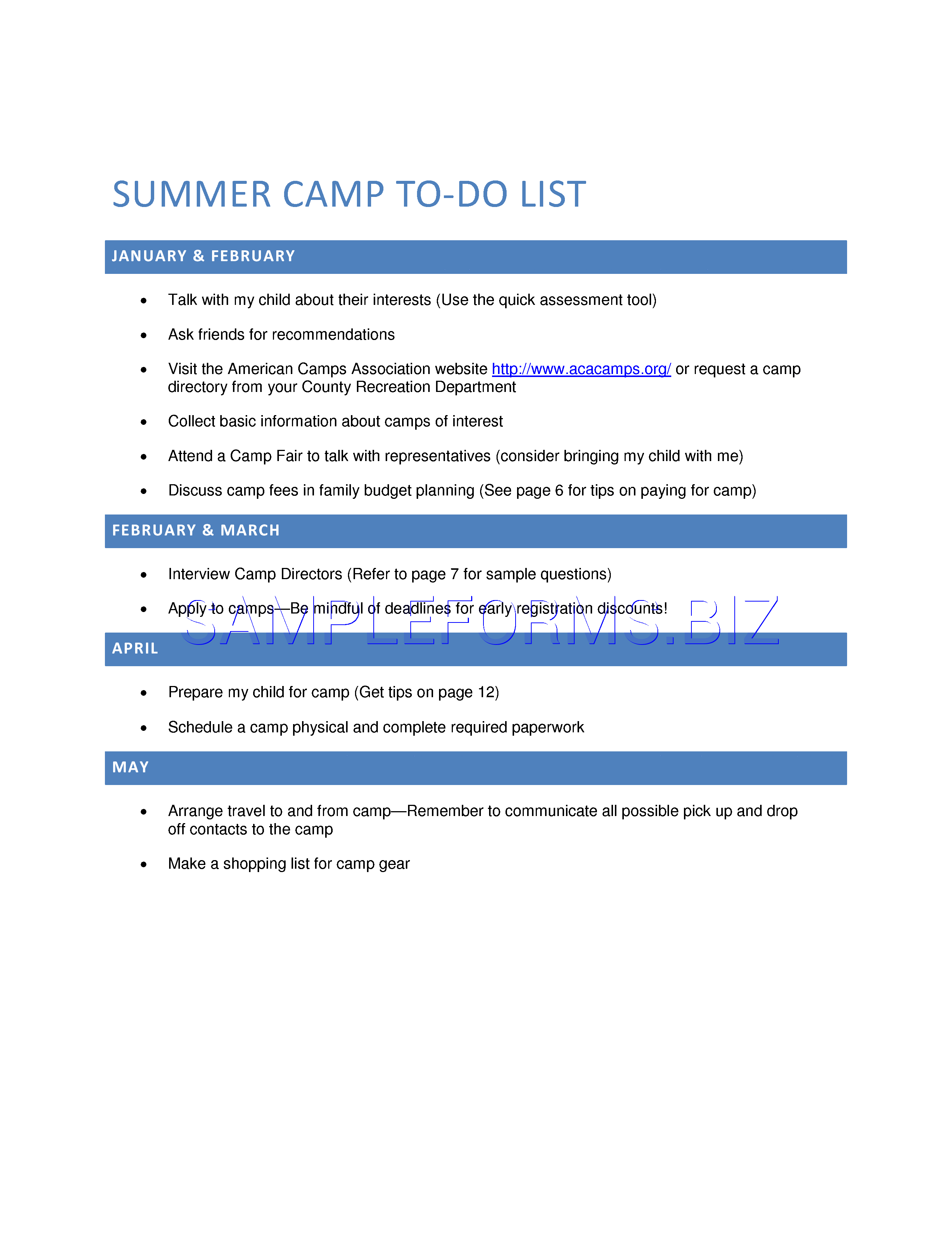 Preview free downloadable Summer Camp To Do List in PDF (page 1)
